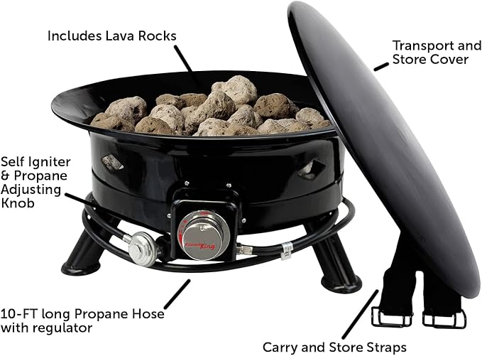 Flame King Smokeless Portable Propane Fire Pit Bowl 24 inches 58K BTU with Propane Grip Scale Self Igniter Cover &amp Carry Straps for RV Camping &amp Outdoor Living