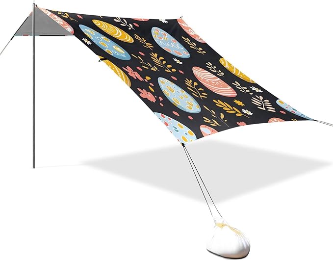Easter Colorful Eggs Beach Tent Sun Shelter Set UPF50+ UV Protection 10.5 x 9.19 FT Camping Shade Canopy with Sandbags Sand Anchors Carrying Bag and Others