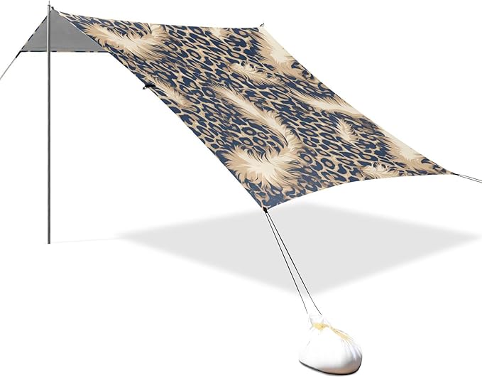 Leopard Skin Print Style Lightskyblue Beach Tent UPF50+ Protection Waterproof Large Portable Sun Shelter with Sand Shovel Sandbags for Camping Picnics Backyard &amp Fishing