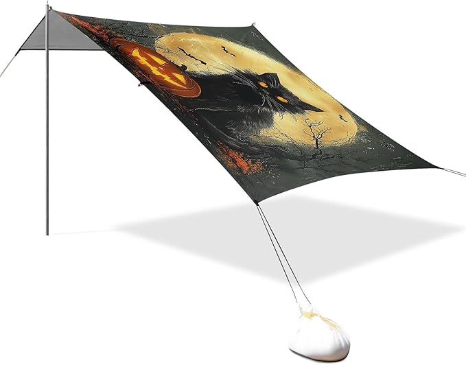 ALAZA Halloween Black Cat Beach Tent Sun Shelter UPF50+ Protection Beach Shade Canopy w/ 4 Sandbags for Outdoor Camping Fishing Backyard Fun Picnic 10x9 ft