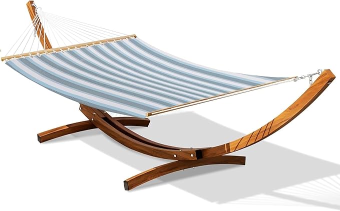 Lazy Daze Hammocks 12 FT 2 Person Double Quick Dry Textilene Hammock with Curved Steel Heavy Duty Stand for Outside Backyard Patio 450 Lbs Capacity Blue White Stripes