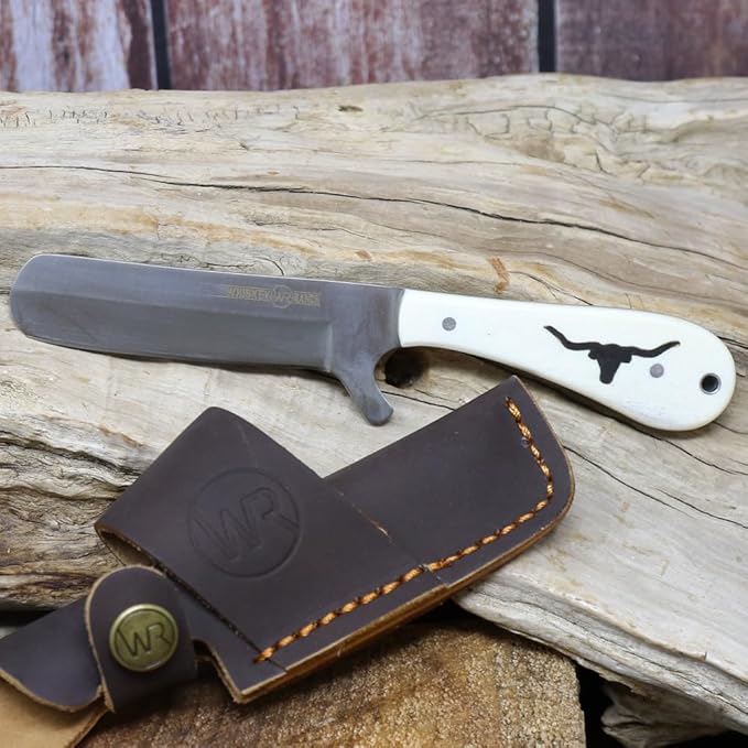 WHISKEY BENT HAT CO. Bullcutter 2 Fixed Blade Knife 440C Steel 3 Blade w/Leather Sheath (Maverick)