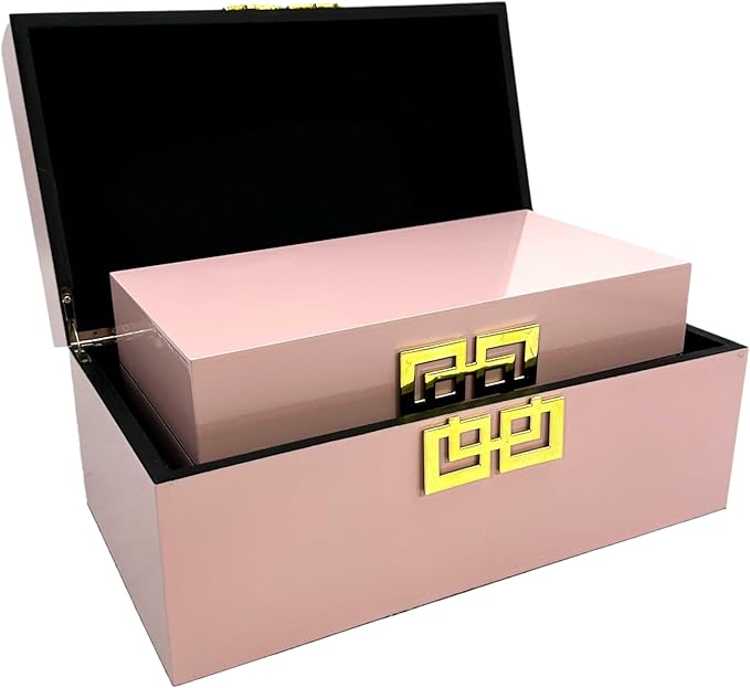 Galt International Storage Box Set Decorative Storage Box w/Hinged Lid Classic Design Wood Decor Boxes with Geometric Clasp Storage for Bedroom &amp Home - Set of 2 (Pink &amp Gold)