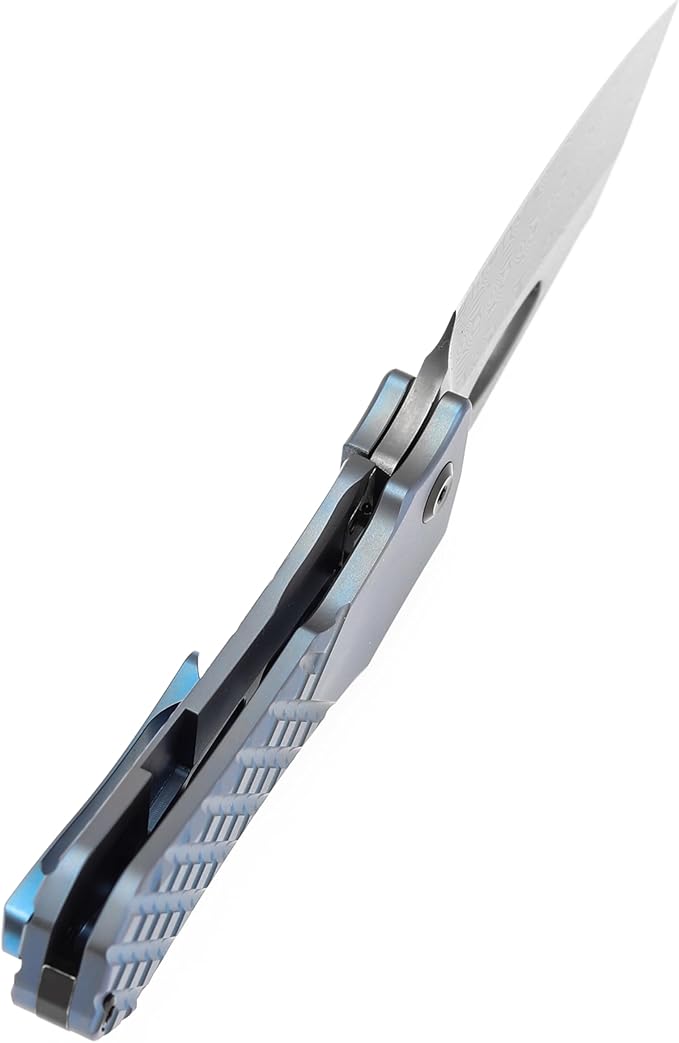 KANSEPT Loki Pocket Knife 2.99'' Damascus Blade Blue Anodized Titanium with Frag Pattern Handle Everyday Carry K1058B7