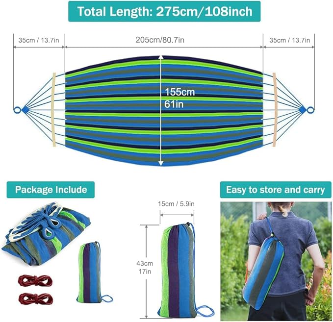 MOSFiATA Hammocks Portable Camping Hammock Upgraded 550lb Comfortable Fabric Hammock with Two Anti Roll Balance Beam and Sturdy Tree Straps for Camping Patio Backyard Outdoor （Blue Green）