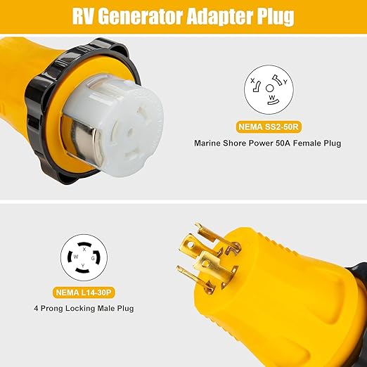 NEMA L14-30P to SS2-50R Twist Lock RV Marine Shore Power Generator Adapter Plug 30 Amp 4 Prong Generator L14-30P Male to 50 Amp Marine Shore Power SS2-50R Receptacle 125/250V ETL Listed