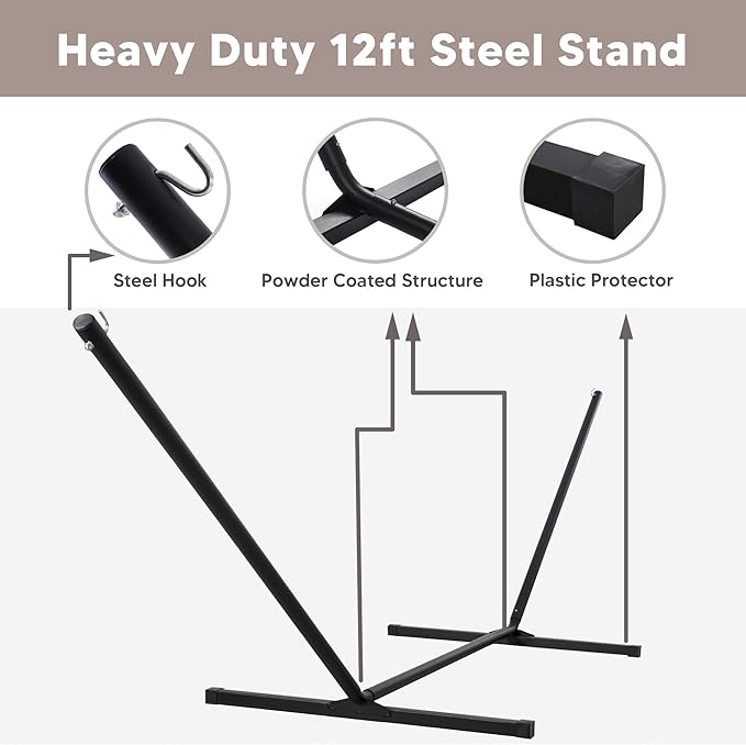 SUNCREAT Hammocks for Outside with Stand Included Double Hammock with Curved Spreader Bar Carrying Bag Gray Stripes
