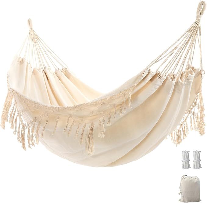 Double Boho Macrame Hammock with Elegant Tassels for Patio Yard Beach Wedding Decor Outdoor and Indoor Up to 450lbs Include Tie Ropes and Drawstring Bag