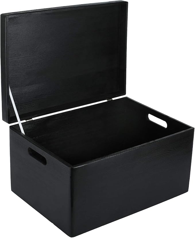 Creative Deco Large Black Wooden Box Storage with Hinged Lid | 15.8x11.8x9.44in (+-0.5) | Keepsake Gift Box Storage Document | Wood Chest Trunk PRODUCT NOT INTENDED FOR 15 YEARS OR BELOW