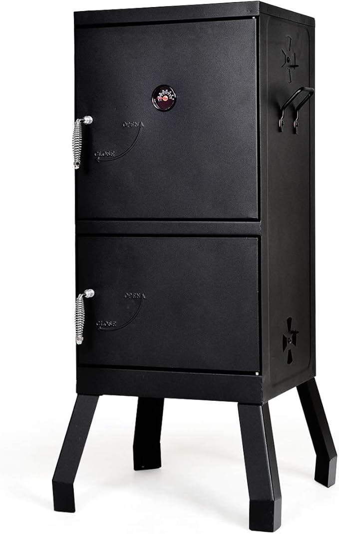 DORTALA Vertical Charcoal Smoker Outdoors Charcoal Barbeque Smoked Carbon Oven Iron Structure w/Two Chrome-plated Nets Two Charcoal Pots Suitable for Lawn Picnic Backyard BBQ (Black)