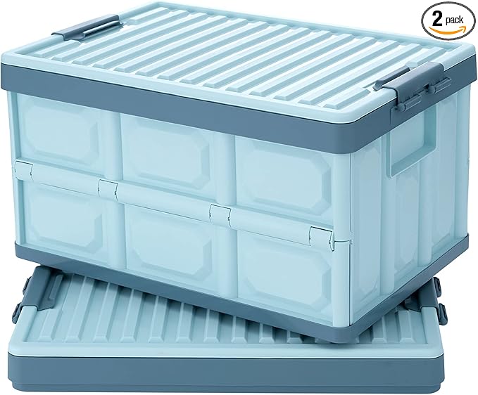 Blue Folding Plastic Stackable Utility Crates 2-Pack Collapsible Storage Bins with Lids 30L Durable Containers for Home &amp Garage Organization