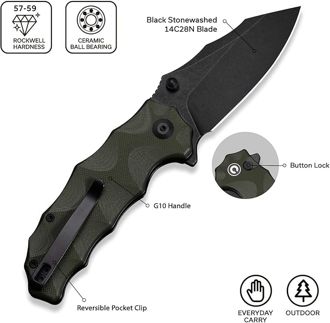 CIVIVI Natterjack Pocket Folding Knife 3.19 14C28N Blade G10 Handle with Reversible Clip Thumb Stud &amp Flipper Opener Knife for Camping Hiking EDC C24028-1 (OD Green)