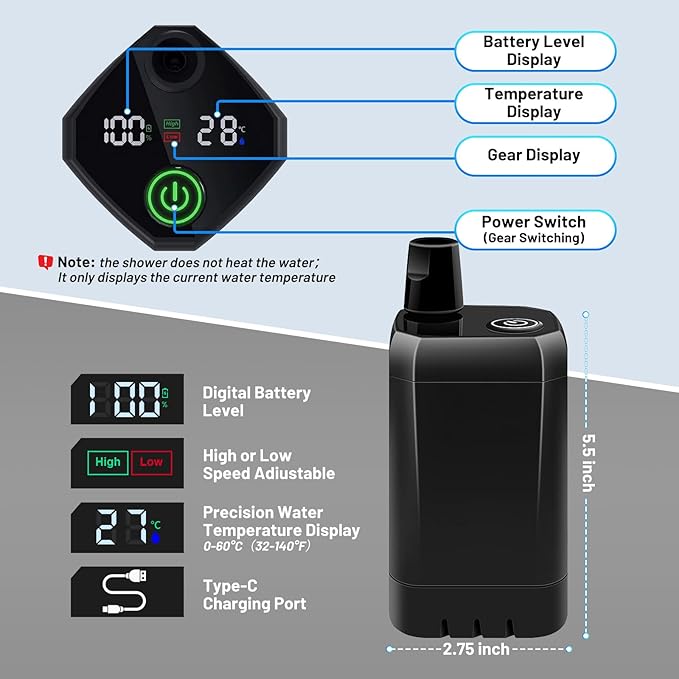 Camping Shower with Heater Portable – 6000mAh Rechargeable Hot Water Shower Pump with LED Display 3 Spray Modes for Outdoor Camping RV Pet Bath Car Wash Travel