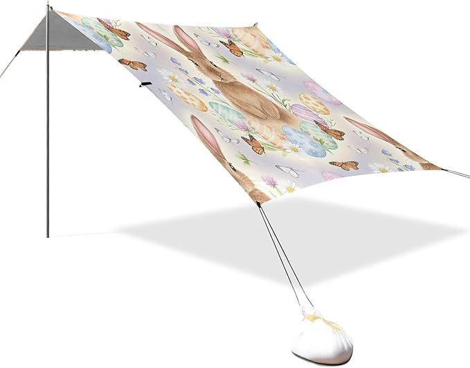 Easter Bunny Beach Canopy Sun Shelter with Sandbags &amp Sand Shovel &amp Windproof Ropes - Portable 110x126 Beach Shade Beach Tent for Camping Picnics