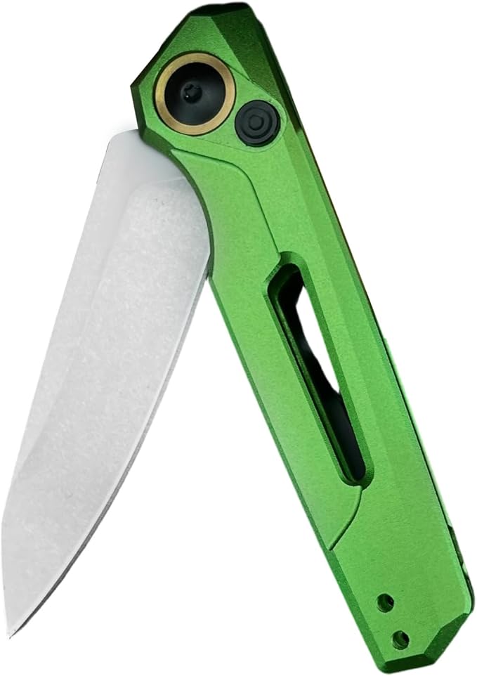 HUAAO Manually Operated Button-Lock Knife Men's Folding Pocket Knife Stonewashed Reverse Edge Aluminum Handle With A Reversible Deep Pocket Clip EDC Outdoor Camping Tool (Green)