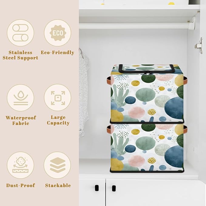 Boho Cacti Storage Bins with Lids Tropical Plant Collapsible Cube Storage Basket with Leather Handle Foldable Storage Box with Lids for Organizing Home Closet