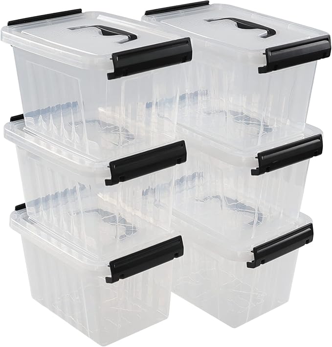 Ramddy 3.5 Quart Small Plastic Storage Box with Handles 6 Packs Clear Latching Bin with Lid