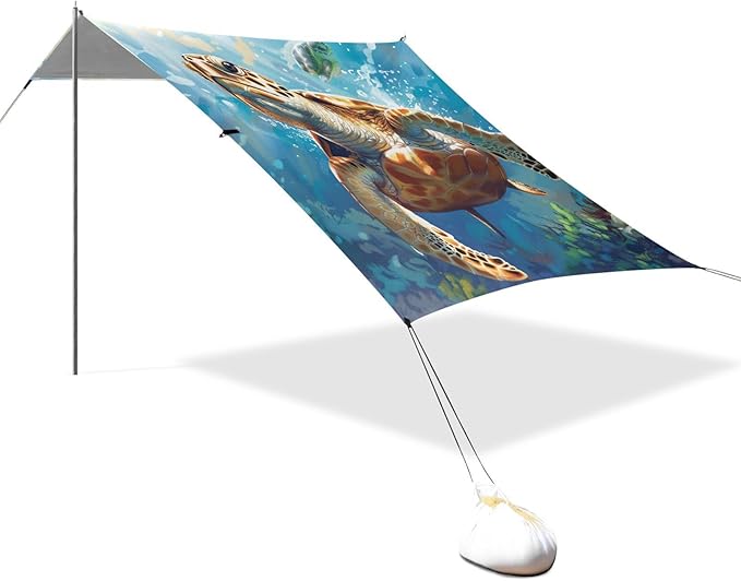 ALAZA Turtle Floats in Depth of The Sea Beach Tent Sun Shelter Portable Canopy Sunshade for Outdoor Camping Picnics Backyard Fun 10x9 ft