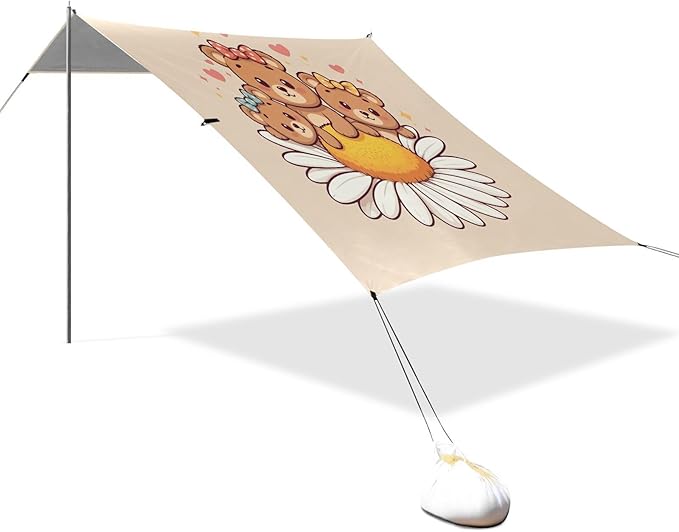 Cute Bears on Daisy Beach Tent Sun Shelter Set UPF50+ UV Protection 10.5 x 9.19 FT Camping Shade Canopy with Sandbags Sand Anchors Carrying Bag and Others