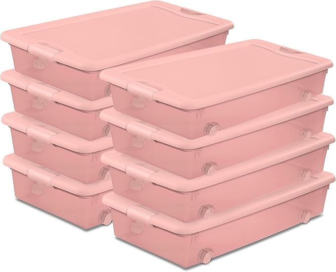 Sterilite 8 Pack Wheeled Under Bed Storage Container 56 Qt Plastic Bin w/Latching Lid for Organization - Clothes &amp Shoes Organizer Pearl Blush Tint