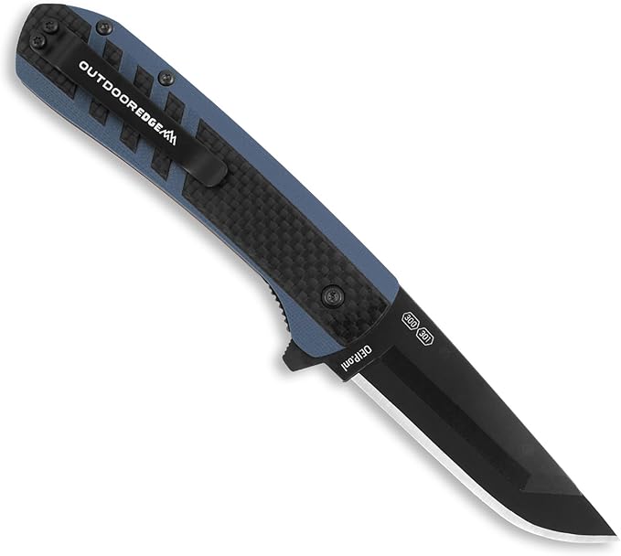 OUTDOOR EDGE Razor VX4 | Carbon Fiber Over Blue G10 with Black Drop Point | Replaceable Blade EDC Folding Pocket Knife | 3 Blade Ceramic Ball Bearings Reversible Pocket Clip