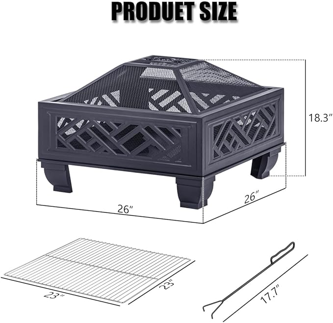 Breezz Update Version 26 Inch Wood Burning Fire Pit with Cooking Grill and Spark Screen Outdoor Metal Firepit for Patio Backyard Bonfire Party Camping and Garden