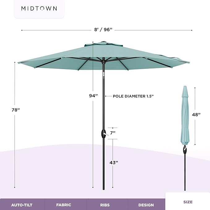 Midtown Umbrellas - 10-Year-No-Fade 8 Ft Patio Umbrella with Terylast Fabric Auto-Tilt Aluminum Frame and 8 Reinforced Ribs for Deck Pool Garden &amp Beach - Aqua Canopy Black Pole