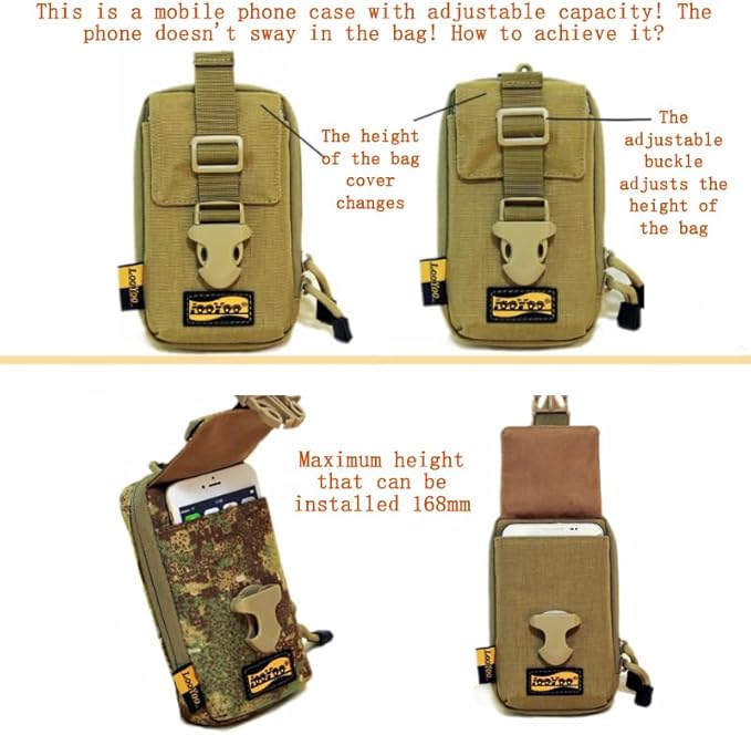 Looyoo/A148 Tactical Phone Pouch with Shoulder Strap EDC Utility Waist Pack Dual Layer Nylon Black and Khaki