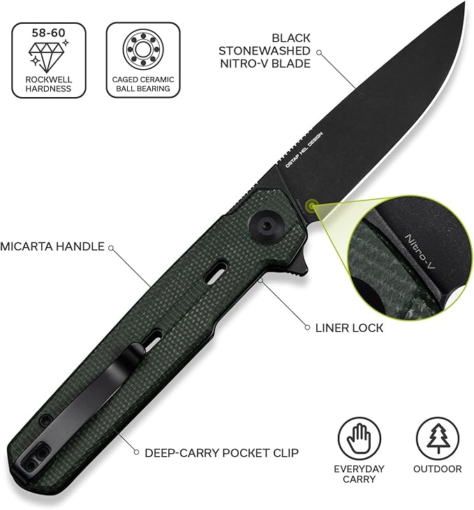 CIVIVI Navo Pocket Knife for EDC 3.25 Nitro-V Blade Micarta Handle with Reversible Clip Folding Knife for Men Women C25015A-2 Green