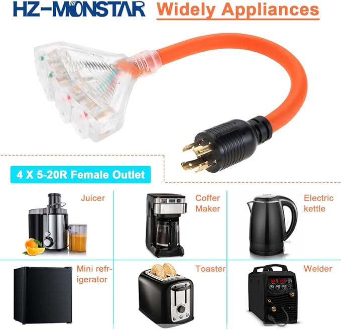 30 Amp to 110 Outdoor Generator Adapter Power Cord 4 Prong 30 Amp to 15 Amp Generator Adapter NEMA L14-30P Male to 4X 5-20R T-Blade Household Outlet Female with Dust Protection Cap 1.5FT