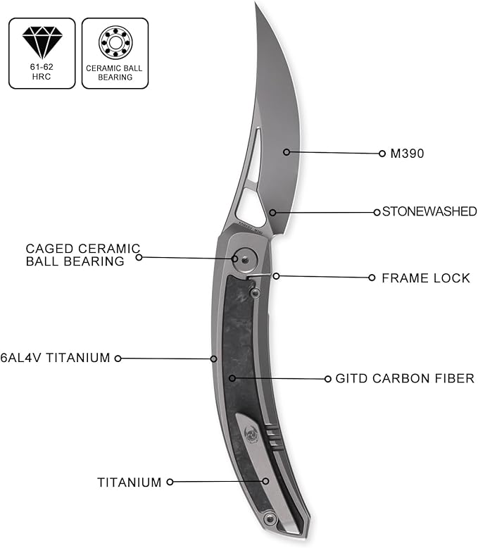 Kamasu Front Flipper Folding Knife 3.74 M390 Steel 6AL4V Titanium &amp GITD Carbon Fiber Handle Titanium Pocket Clip EDC Knife (Grey-stonewashed)