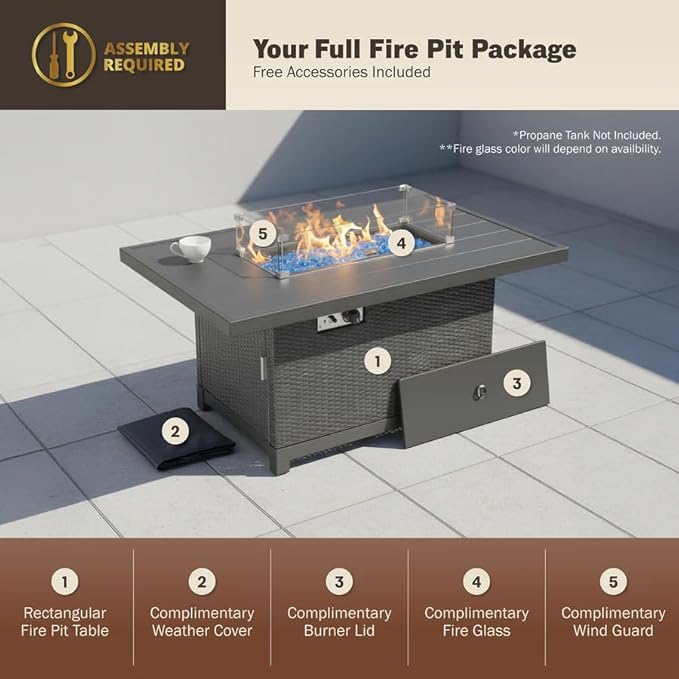 52-Inch Propane Fire Pit Table Rectangular 50000 BTU Outdoor Gas Fire Pit for Patio &amp Backyard Aluminum Frame 2-in-1 Firepit Dining Table with Glass Wind Guard Rain Cover and Blue Glass Rocks Bro