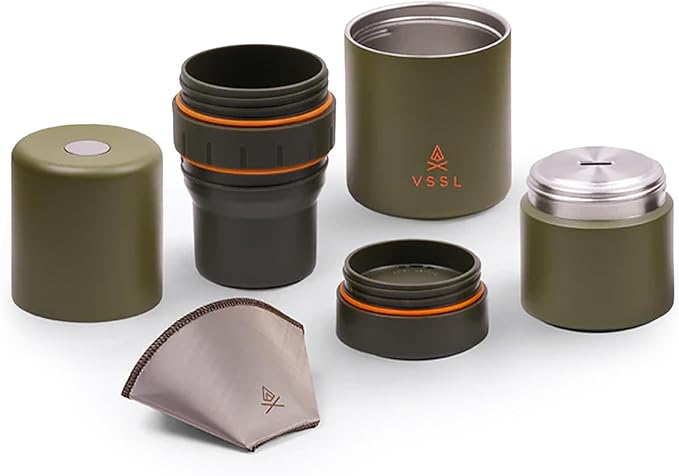 VSSL - Nest Pour Over Coffee Kit | Coffee Maker for Camping | All-In-One Travel Pour Over | Transportable Dripper Two 10oz Stainless Steel Travel Mugs | Compact Storage &amp Adventure Ready | Deep M