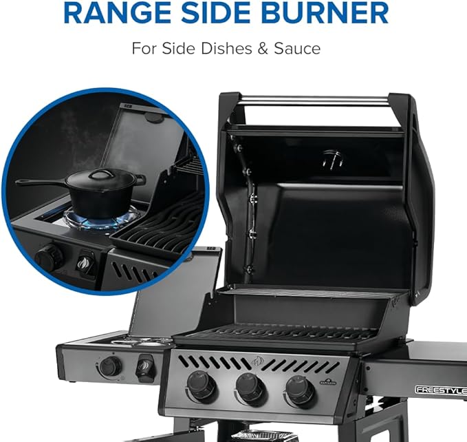 Napoleon Freestyle 365 Propane Gas Outdoor Grill with Range Side Burner Graphite Grey – 4-Burner BBQ for Versatile Cooking