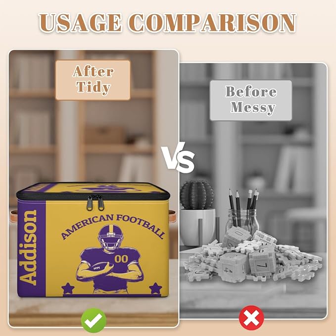 Custom Storage Bins with Zipper Lid American Football Personalized Foldable Storage Baskets Sport Closet Shelf Clothes Organizer Cube with PU Leather Handles