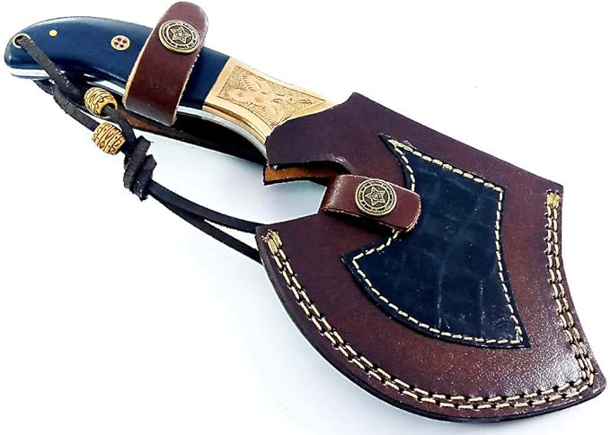 Dessi Handmade Damascus Steel Axe Hatchet Blue Micarta Handle Brass Eagle Engraving Leather Sheath Camping Bushcraft EDC Tomahawk Gift Men SM46