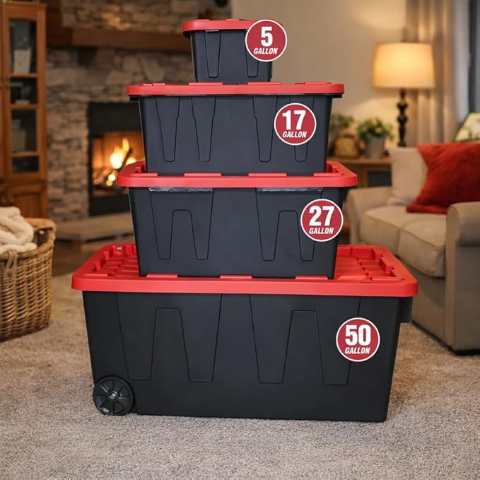 27 Gallon Large Storage Bin with Snap Lid Heavy Duty Plastic Storage Container Black and Red 4 Pack