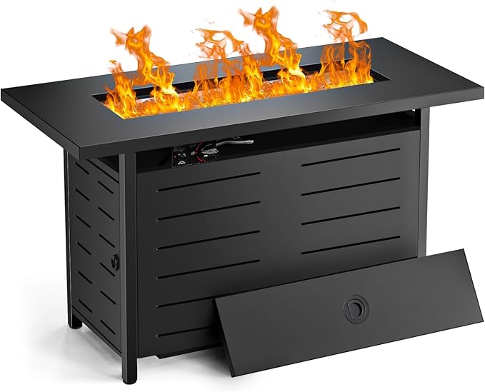 Hykolity 42 Inch Gas Fire Pit Table 60000 BTU Propane Pits for Outside with Steel Lid and Waterproof Cover 2 in 1 Firepit Table Gatherings Parties on Patio Deck Garden Backyard Black