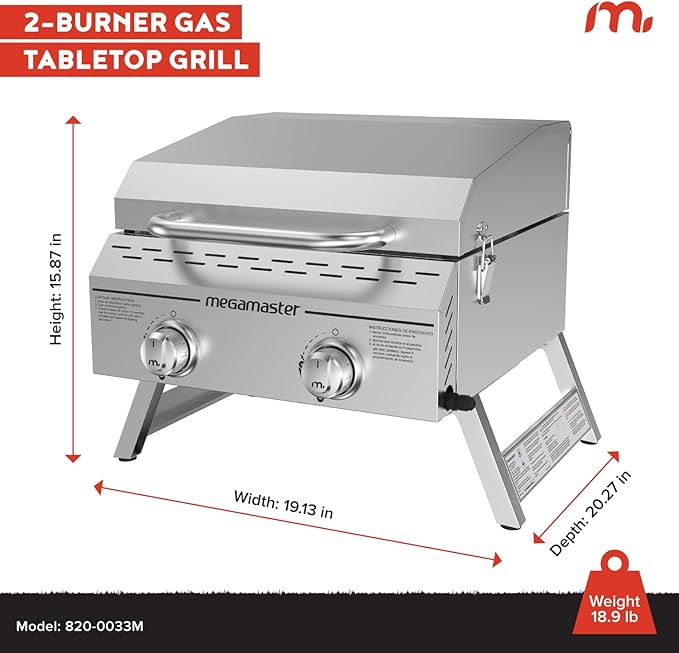 Megamaster 2-Burner Stainless Steel Portable Gas Grill with Built-In Lid 16000 BTUs Foldable Legs Small Propane Grill for Outdoor Cooking Camping Tailgating Patios and More - 820-0033M