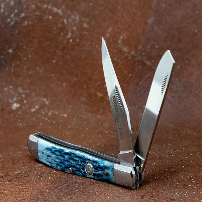 WHISKEY BENT HAT CO. Traditional Trapper Folding Pocket Knife 4.125 Closed Length 440C Stainless Steel Blades (Blueberry)
