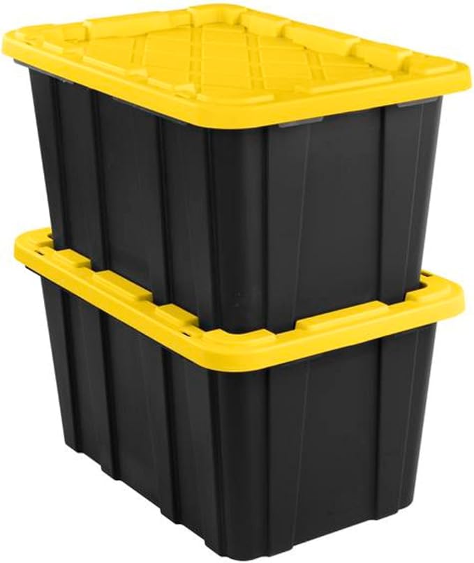 Sterilite 8-Pack 27 Gallon Industrial Storage Tote Heavy-Duty Plastic Bins Black/Yellow - Stackable Utility Organizers with Lids for Garage Camping Tools and Outdoor Gear