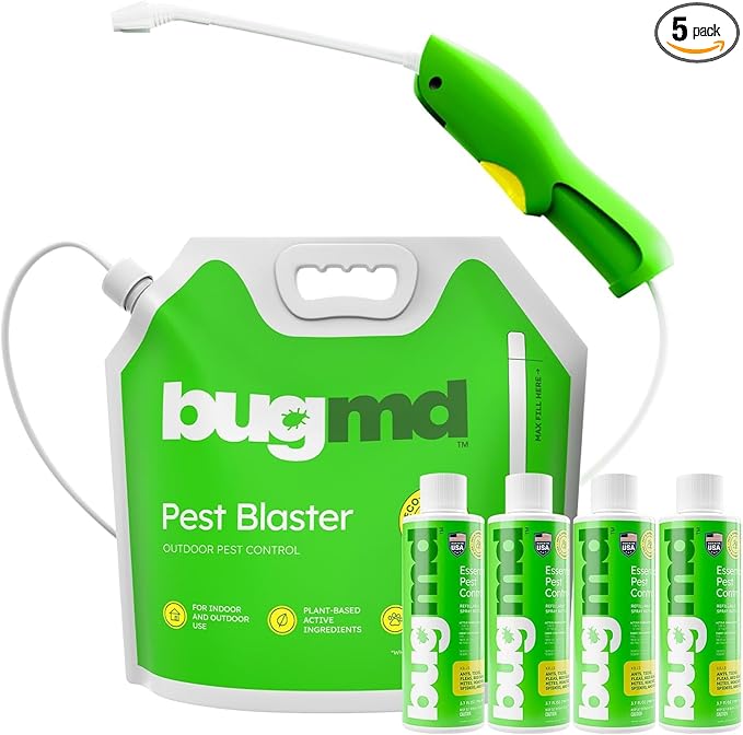 BugMD Pest Blaster Kit - Rechargeable Power Sprayer (Batteries Included) 4-Pack Pest Control Essential Oil Concentrates for Indoor &amp Outdoor Use - Plant-Powered Ant Roach Spider &amp Insect Ki