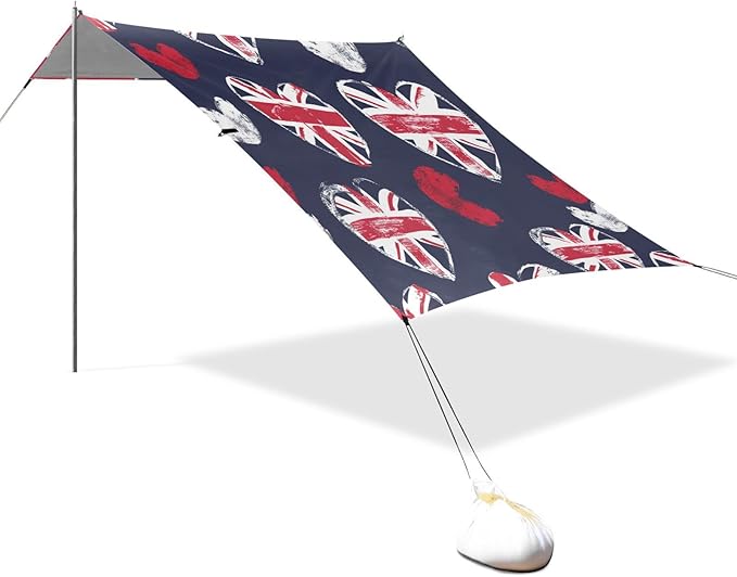 ALAZA British Flag Love Hearts Beach Tent Sun Shelter UPF50+ Protection Beach Shade Canopy w/ 4 Sandbags for Outdoor Camping Fishing Backyard Fun Picnic 10x9 ft