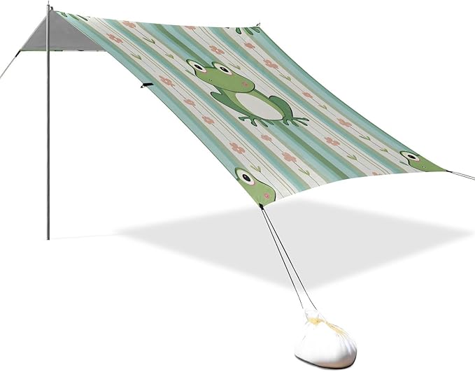Frog with Floral Stripes Beach Tent Sun Shelter Set UPF50+ UV Protection 10.5 x 9.19 FT Camping Shade Canopy with Sandbags Sand Anchors Carrying Bag and Others