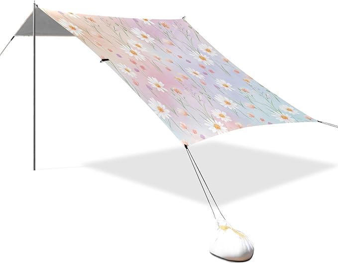 xigua Wildflowers Beach Tent Sun Shelter with Carrying Bag - Silver Coated Oxford Fabric Beach Canopy for Beach Camping Fishing - Includes Windproof Ropes Sandbags &amp Stakes