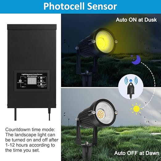 300W Low Voltage Landscape Transformer Weatherproof Outdoor Low Voltage Transformer with Photocell Sensor&ampTimer 120V AC to 12V/14V AC Landscape Lighting Transformer for Yard/Garden/Christmas Ligh