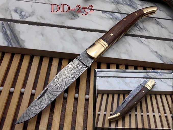 Laguiole Folding Damascus Steel Knife 8.5 Long with 4 Hand Forged Twist patren Blade. Rose Wood &amp Brass Bolster Scale. Cow Hide Leather Sheath Included (Brown)