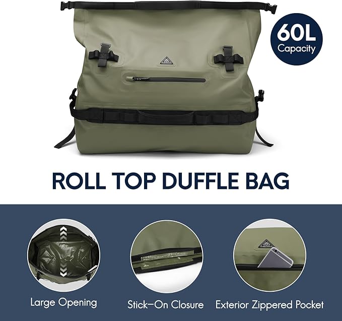 Haimont Large Waterproof Duffel Backpack Roll-Top Heavy Duty Dry Duffle Bag for Boating Travel Motorcycle Kayaking Camping 60L