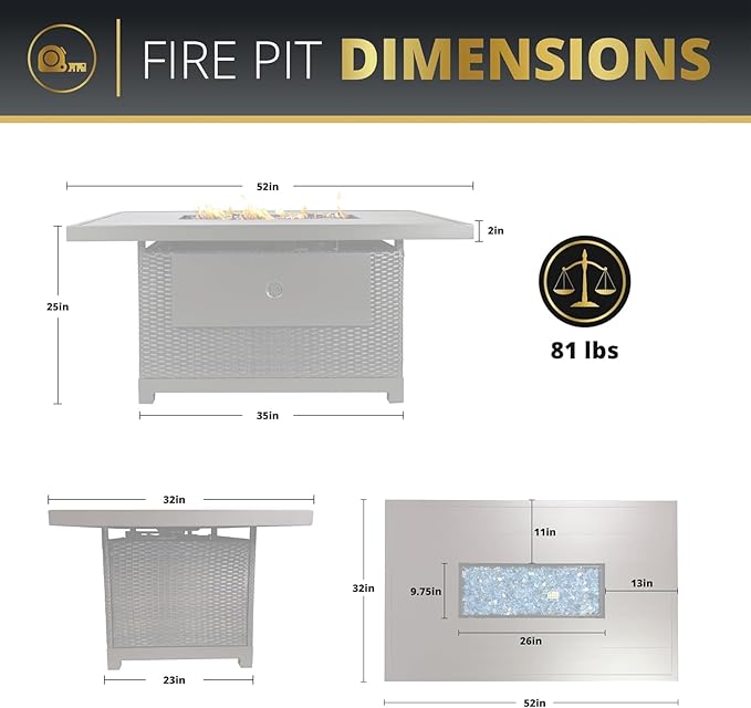 52 Inch Outdoor Fire Pit Table 50000 BTU Propane Fire Pits with Wind Guard and Fire Glass CSA Certified Patio Fire Table Rectangular Aluminum Rattan Fire Table for Outside Patio Backyard Brown