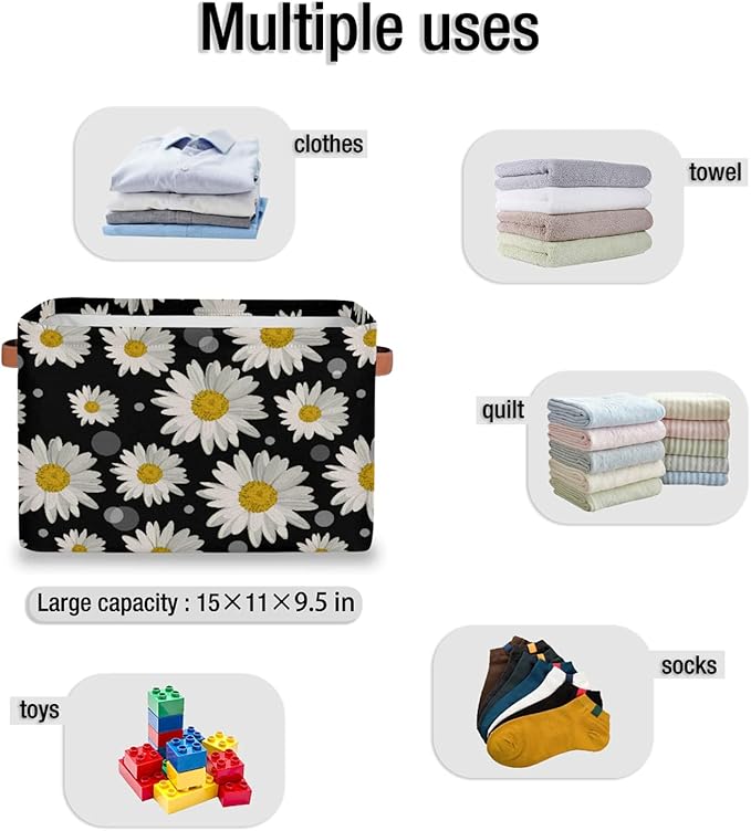 Pardick Daisy Storage Basket Bins Flower Floral Toys Books Clothes Canvas Storage Box Cubes Rectangular Collapsible with Handles for Bedroom Nursery Home Office Decor Organizer Basket